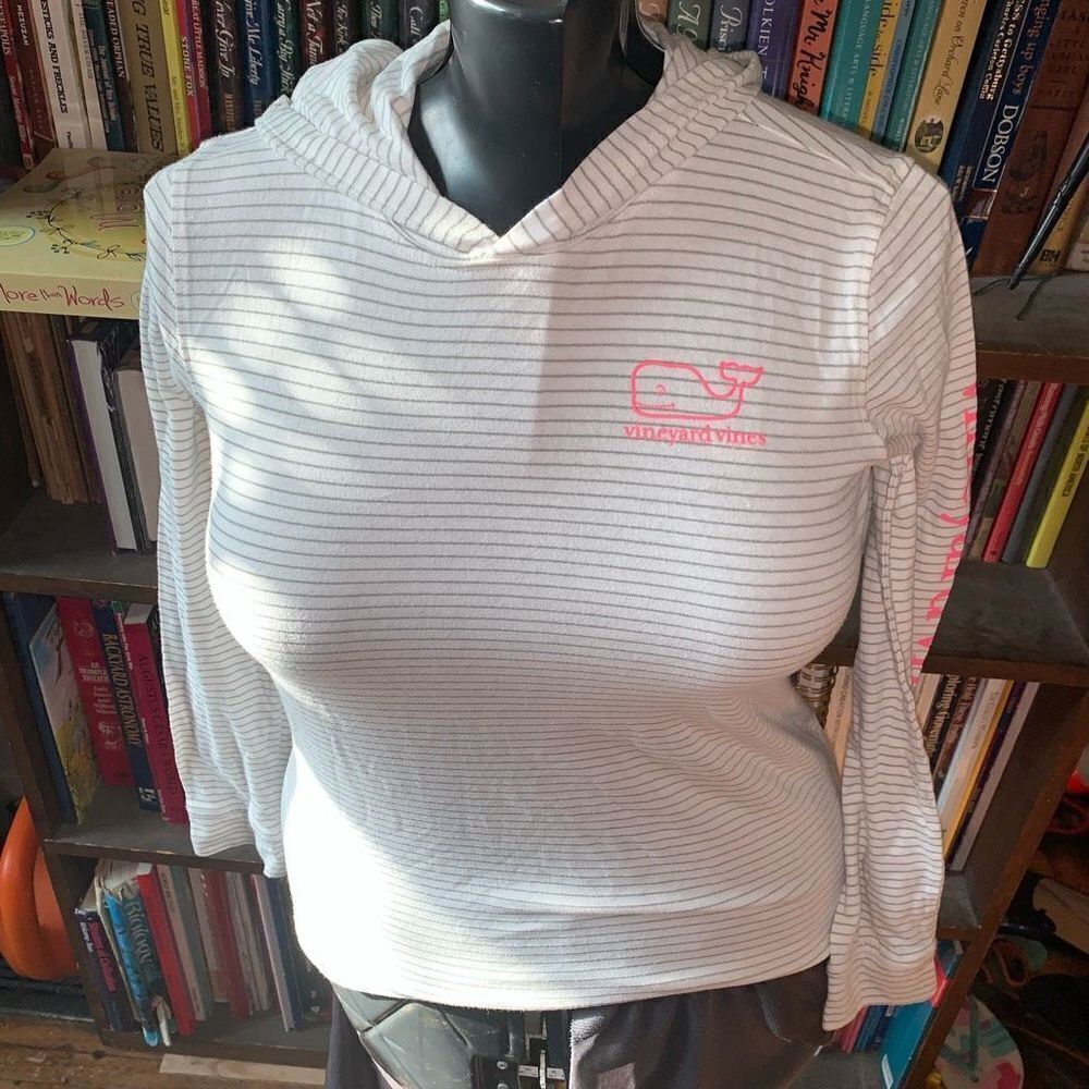 Vineyard Vines black & white pink whale kids L/14 hooded long sleeve top